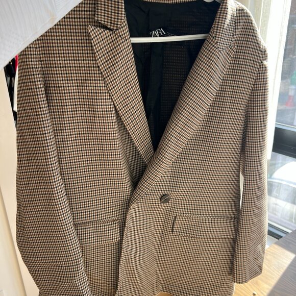 Zara Oversized Plaid Double Breasted Blazer - Brown Houndstooth Size Medium - Picture 3 of 3